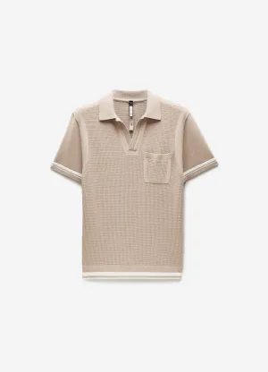 Striped Trim Textured Knit Polo Sand