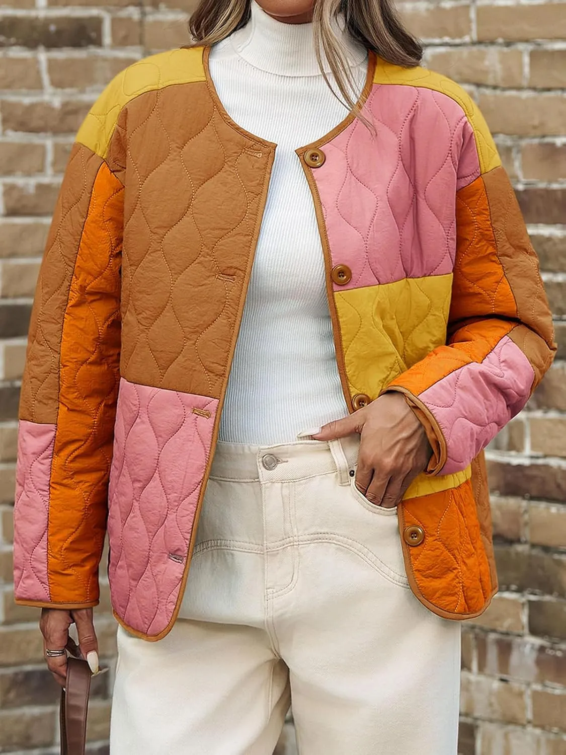 Tankaneo Womens Color Block Quilted Lightweight Jacket Oversized Collarless Puffer Coat Button up Outerwear
