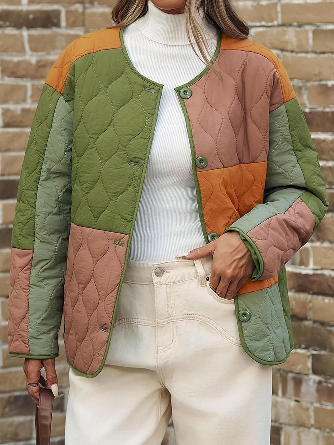Tankaneo Womens Color Block Quilted Lightweight Jacket Oversized Collarless Puffer Coat Button up Outerwear