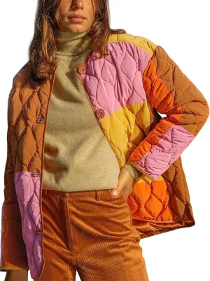 Tankaneo Womens Color Block Quilted Lightweight Jacket Oversized Collarless Puffer Coat Button up Outerwear
