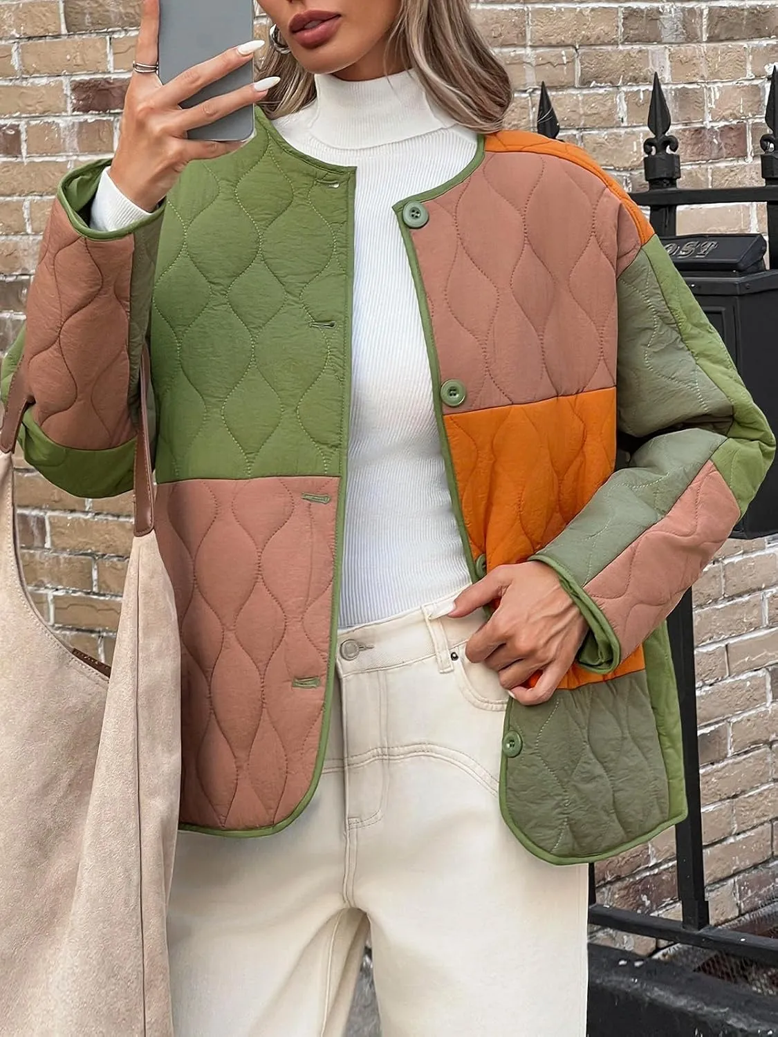 Tankaneo Womens Color Block Quilted Lightweight Jacket Oversized Collarless Puffer Coat Button up Outerwear