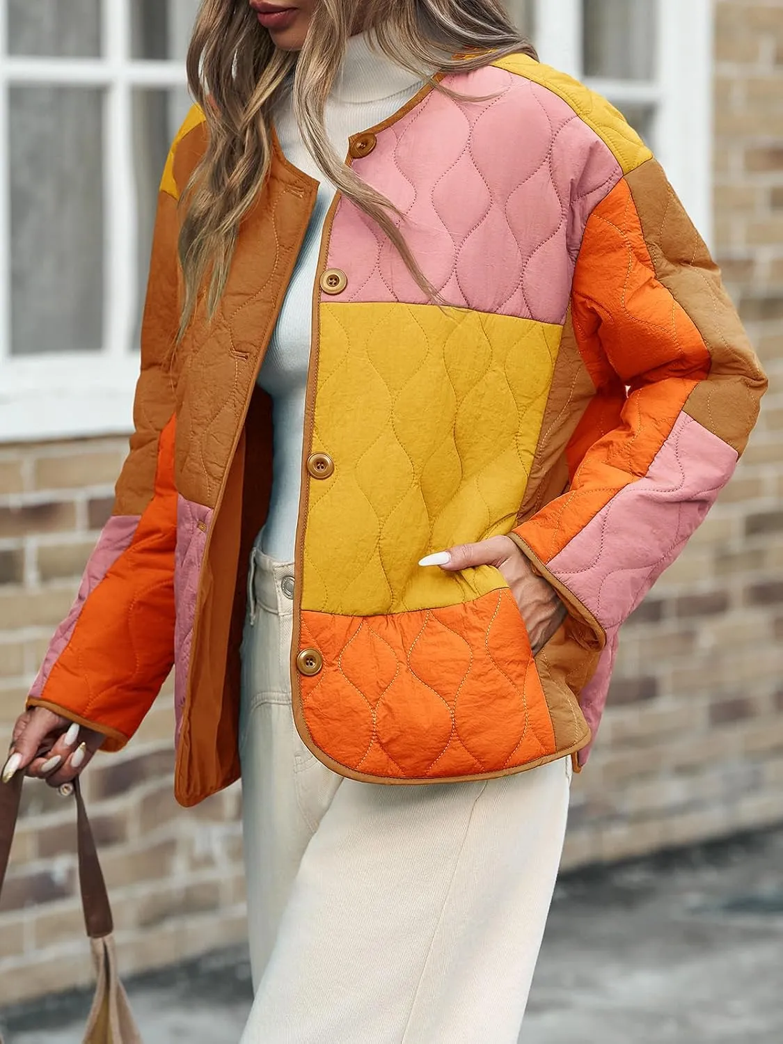 Tankaneo Womens Color Block Quilted Lightweight Jacket Oversized Collarless Puffer Coat Button up Outerwear