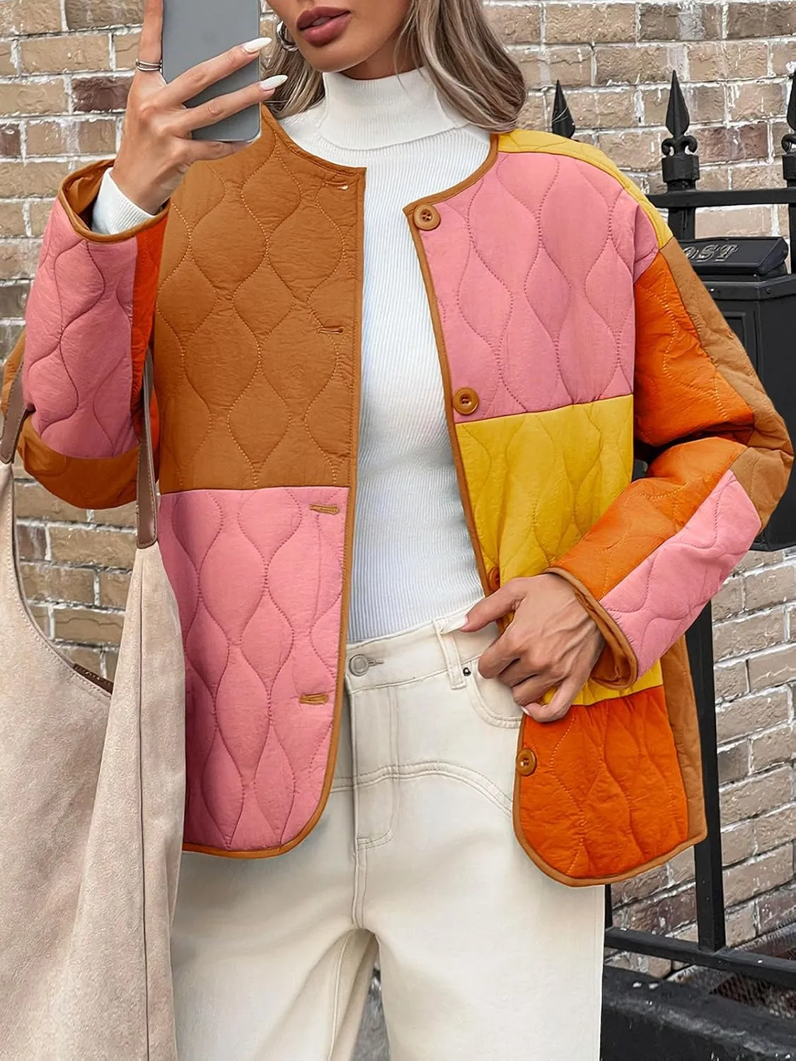 Tankaneo Womens Color Block Quilted Lightweight Jacket Oversized Collarless Puffer Coat Button up Outerwear
