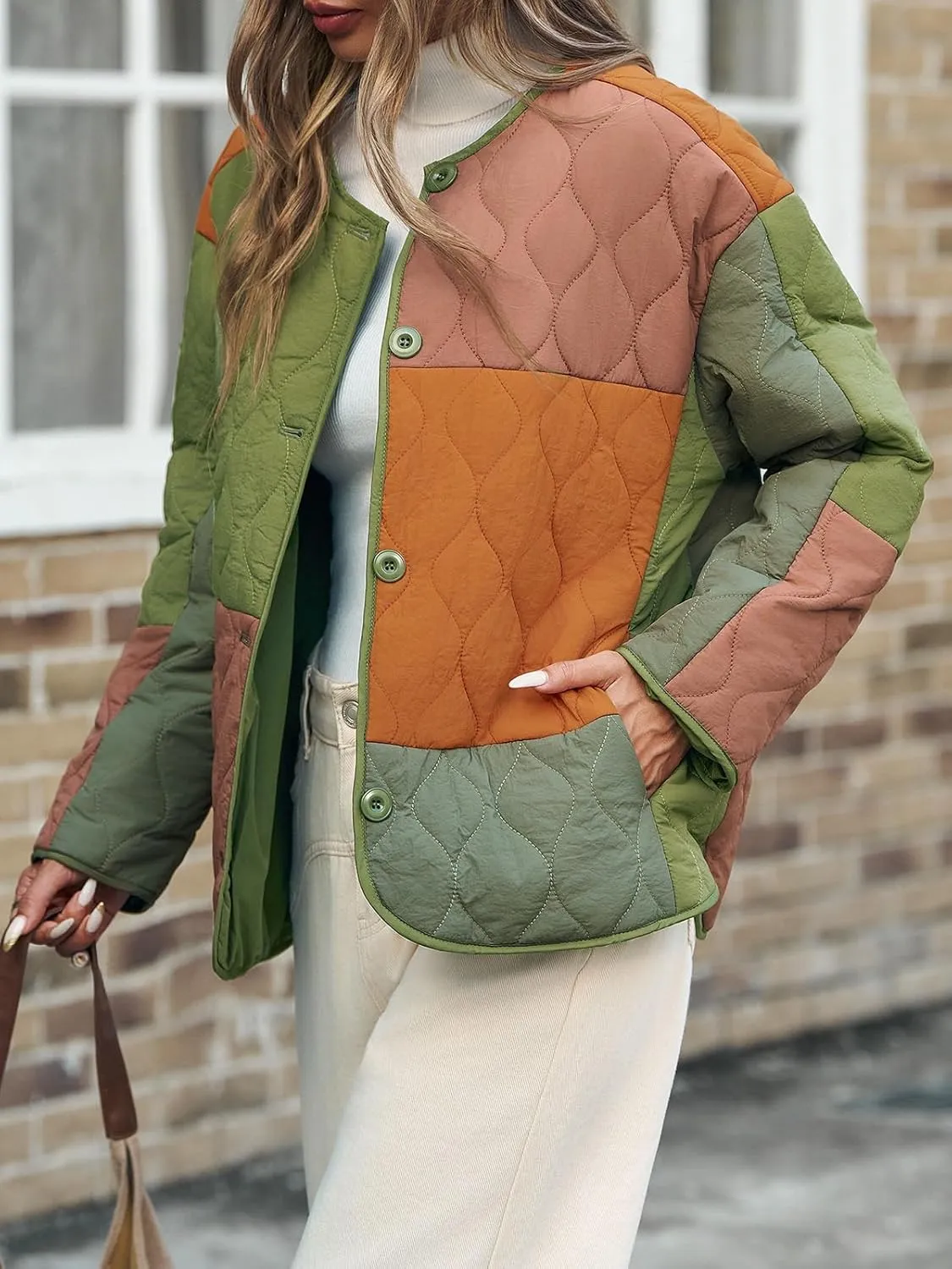 Tankaneo Womens Color Block Quilted Lightweight Jacket Oversized Collarless Puffer Coat Button up Outerwear