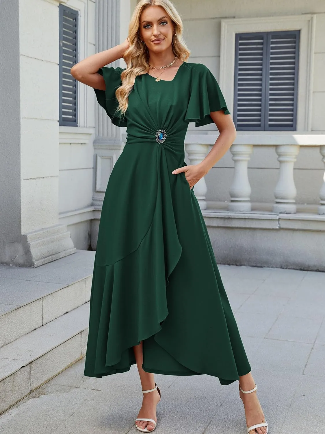 Wedding Guest Dresses for Women Have Pockets Cocktail Dress Ruffle Sleeve A Line Evening Party Formal Dresses for Women