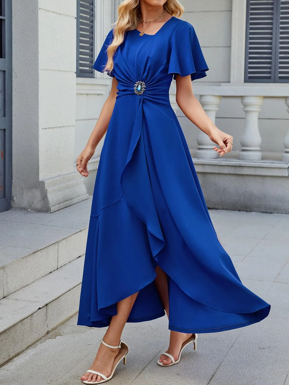 Wedding Guest Dresses for Women Have Pockets Cocktail Dress Ruffle Sleeve A Line Evening Party Formal Dresses for Women