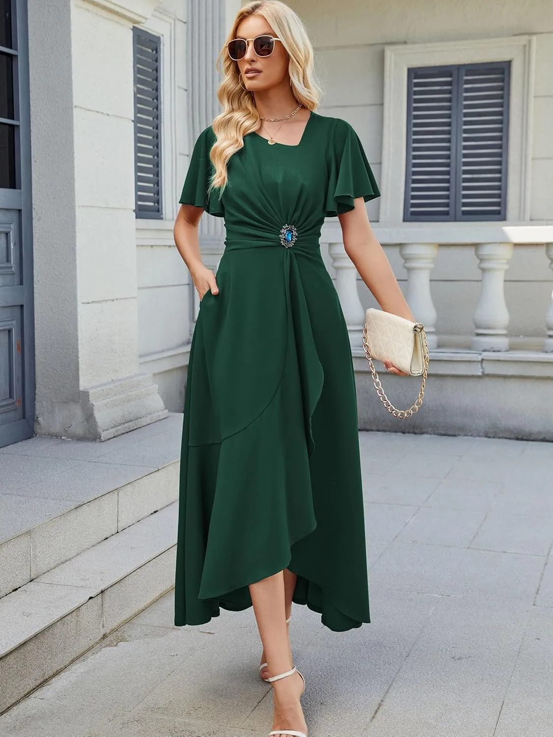 Wedding Guest Dresses for Women Have Pockets Cocktail Dress Ruffle Sleeve A Line Evening Party Formal Dresses for Women