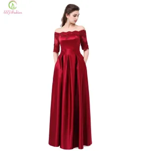 Wine Red Lace Embroidery Luxury Satin Evening Dress