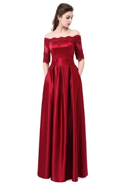 Wine Red Lace Embroidery Luxury Satin Evening Dress