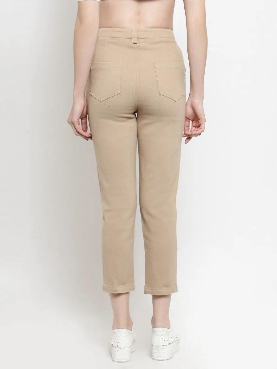 Women Solid Khaki Ankle Length Trouser