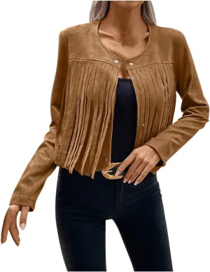 Women Vintage Tassel Cropped Jacket Faux Suede Long Sleeve Fringe Jackets Funny Motorcycle Biker Coat Trendy