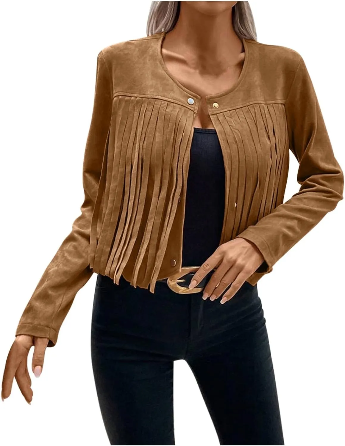 Women Vintage Tassel Cropped Jacket Faux Suede Long Sleeve Fringe Jackets Funny Motorcycle Biker Coat Trendy