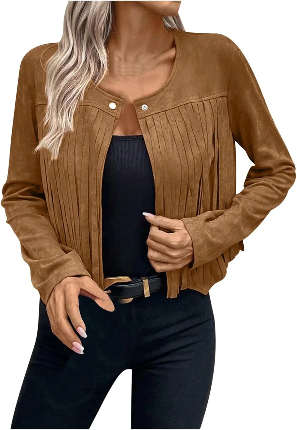 Women Vintage Tassel Cropped Jacket Faux Suede Long Sleeve Fringe Jackets Funny Motorcycle Biker Coat Trendy