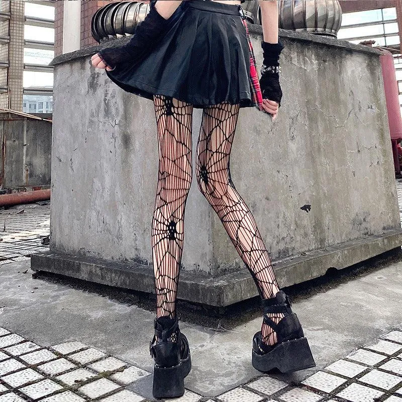 Women's Black Skull Fishnet Stockings for Halloween - Thin Polyester Design