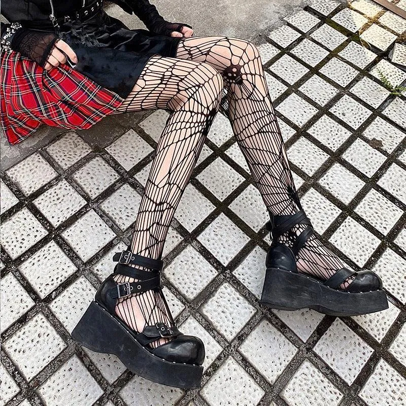 Women's Black Skull Fishnet Stockings for Halloween - Thin Polyester Design