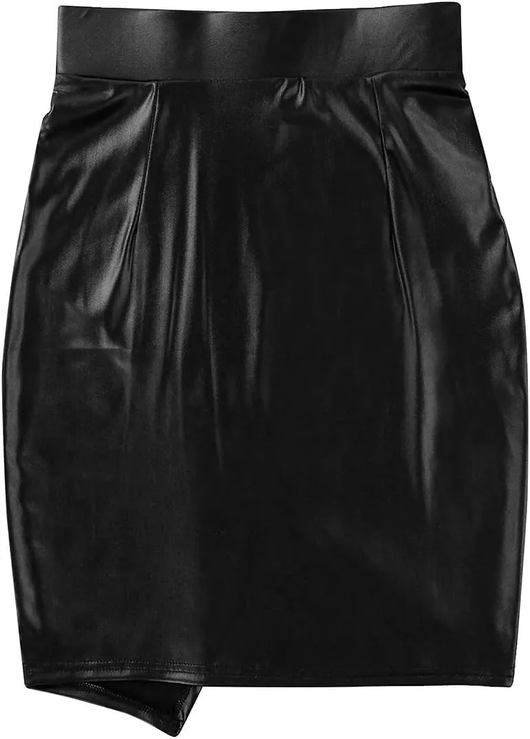 Womens High Waist Wetlook Faux Leather Asymmetric Side Slit Booty Mini Pencil Skirts Clubwear
