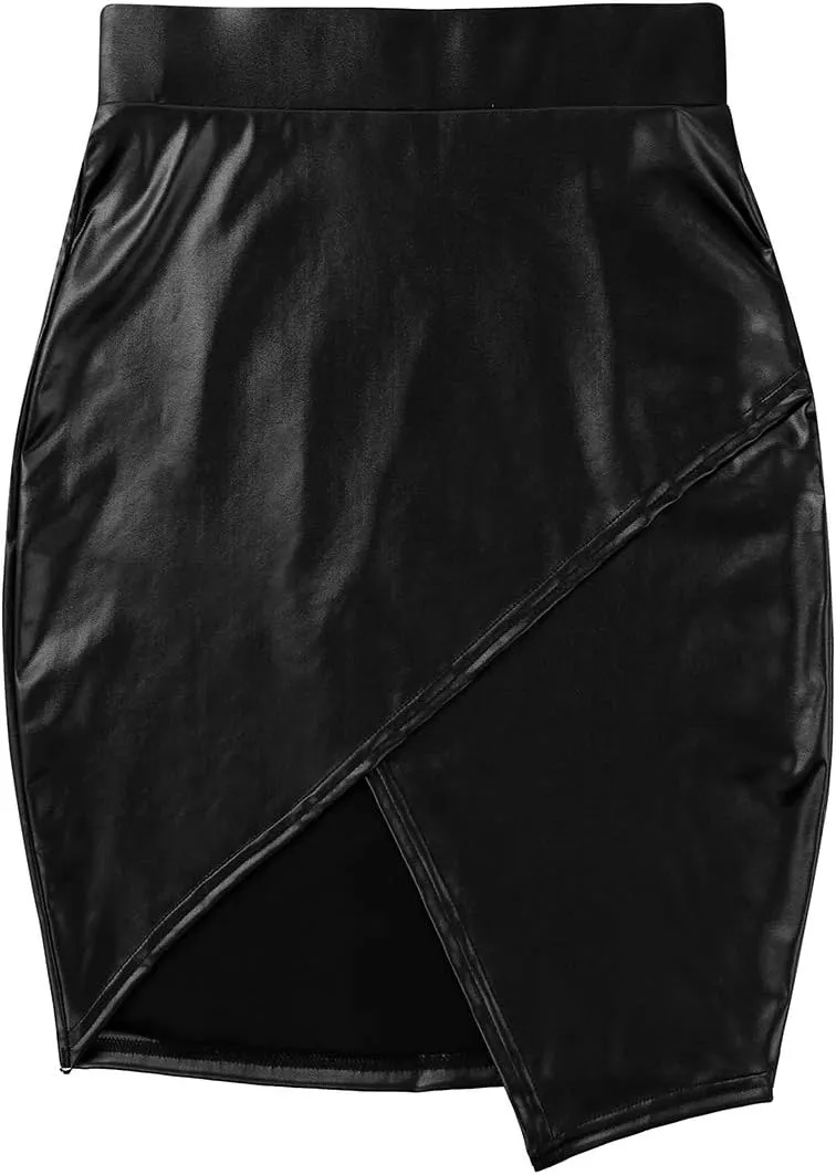 Womens High Waist Wetlook Faux Leather Asymmetric Side Slit Booty Mini Pencil Skirts Clubwear