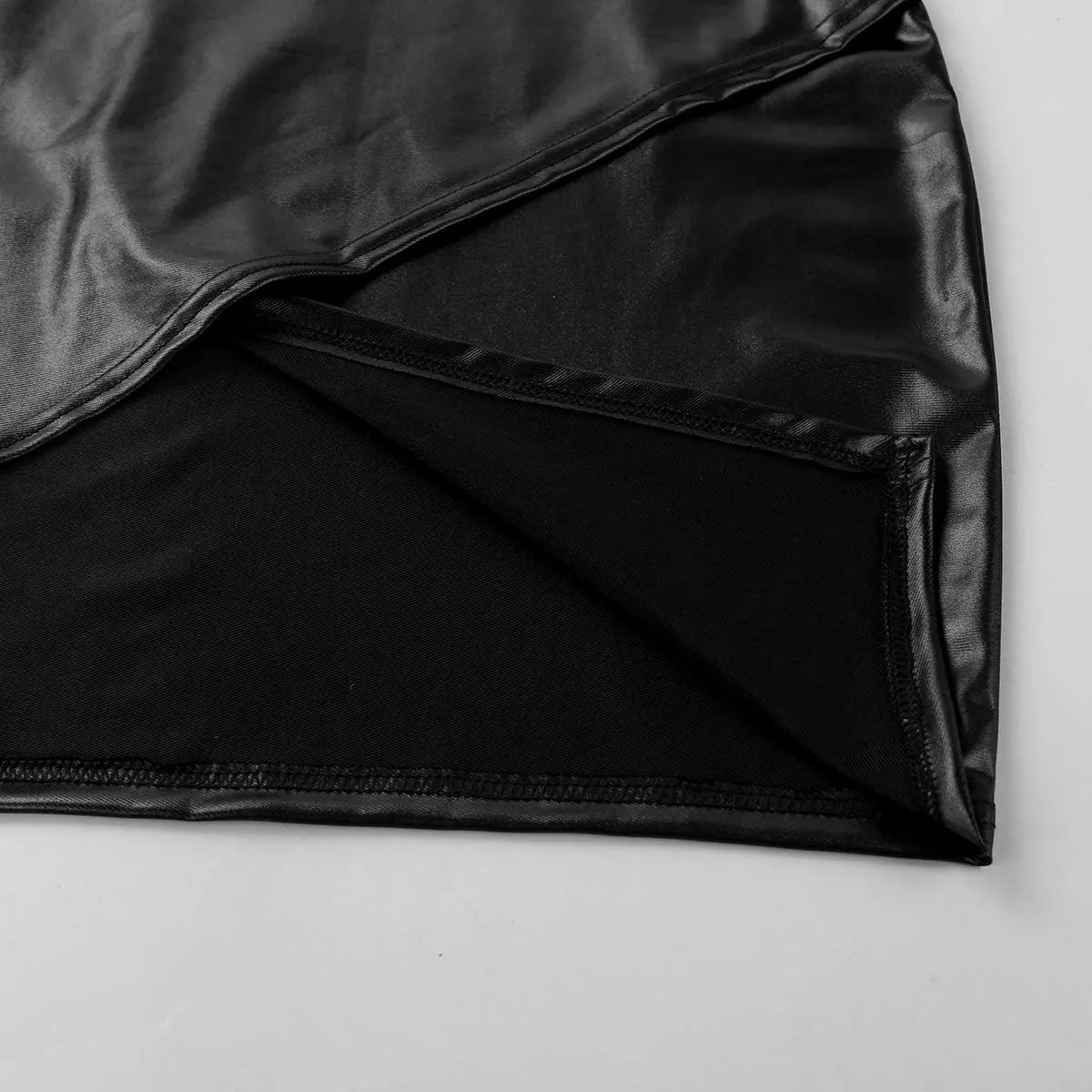 Womens High Waist Wetlook Faux Leather Asymmetric Side Slit Booty Mini Pencil Skirts Clubwear