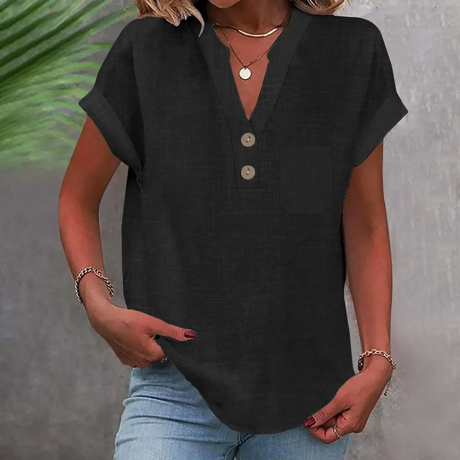 Women's Linen Oversized Blouses Short Sleeve Top T Shirt Button 3/4 Sleeve V Neck Linen Blouse Top
