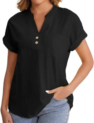 Women's Linen Oversized Blouses Short Sleeve Top T Shirt Button 3/4 Sleeve V Neck Linen Blouse Top
