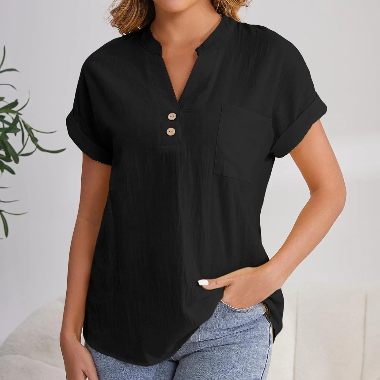 Women's Linen Oversized Blouses Short Sleeve Top T Shirt Button 3/4 Sleeve V Neck Linen Blouse Top