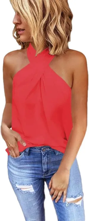 Women's Summer Fashion Blouse Off Shoulder Cross Neckline Sleeveless Shirt Tops