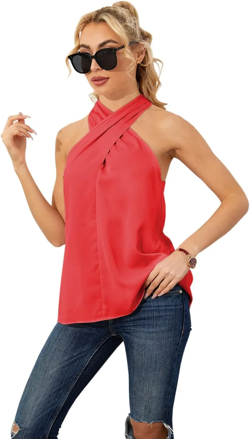 Women's Summer Fashion Blouse Off Shoulder Cross Neckline Sleeveless Shirt Tops