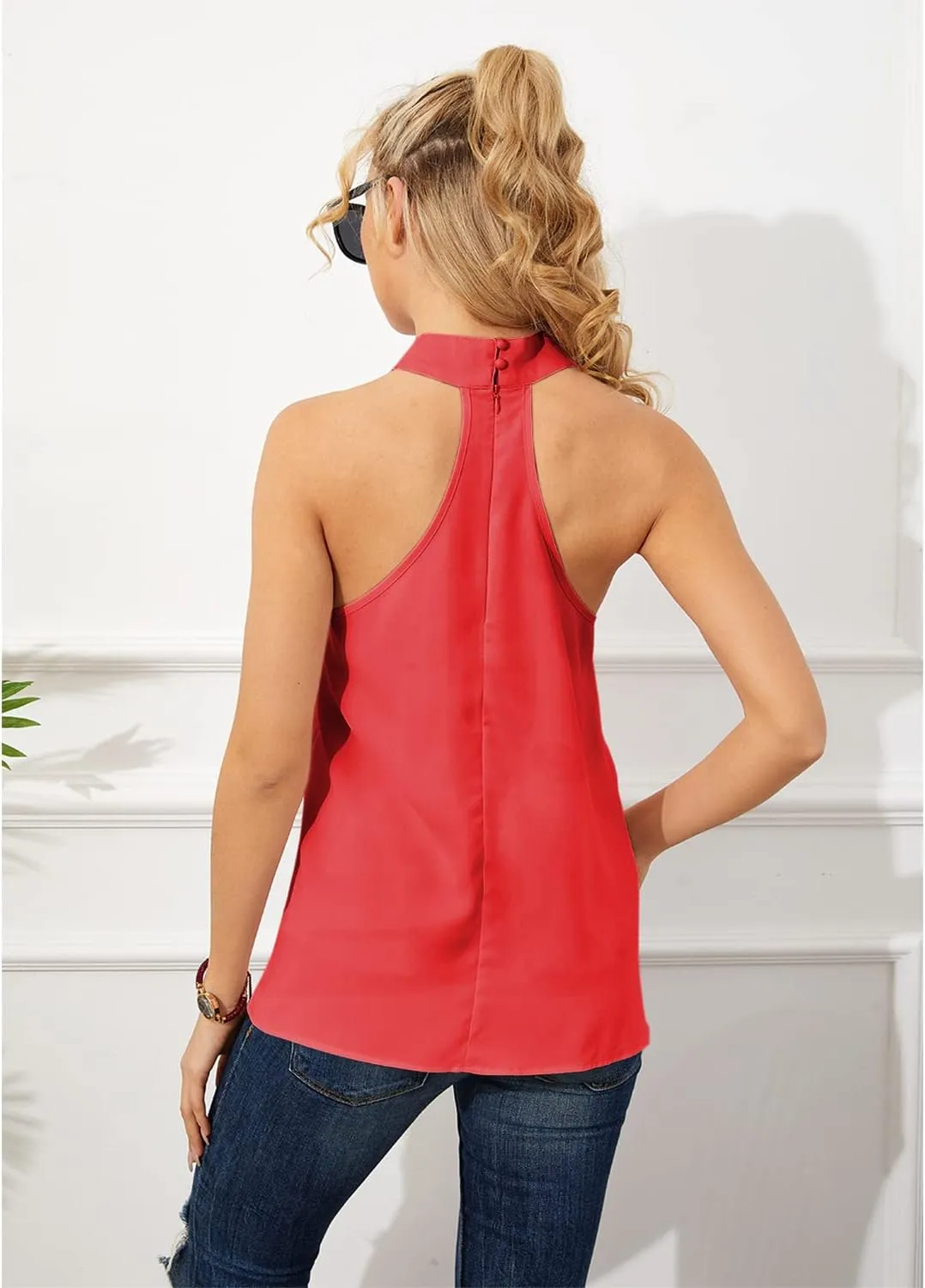 Women's Summer Fashion Blouse Off Shoulder Cross Neckline Sleeveless Shirt Tops