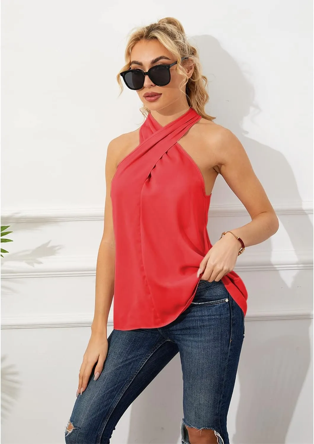 Women's Summer Fashion Blouse Off Shoulder Cross Neckline Sleeveless Shirt Tops