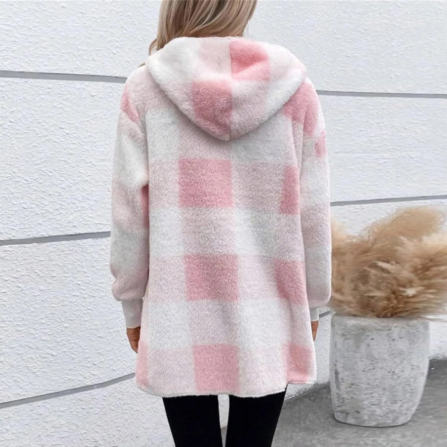 Womens Winter Coats Warm Plush Jackets Open Front Long Sleeve Cardigan Trendy Plaid Fuzzy Outerwear