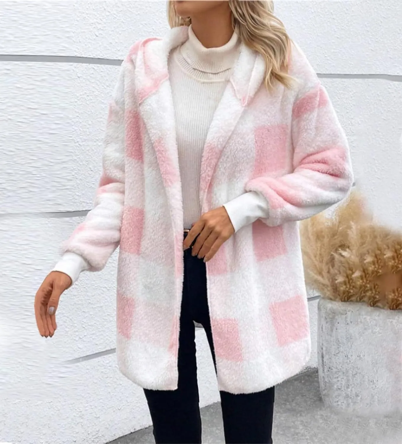 Womens Winter Coats Warm Plush Jackets Open Front Long Sleeve Cardigan Trendy Plaid Fuzzy Outerwear