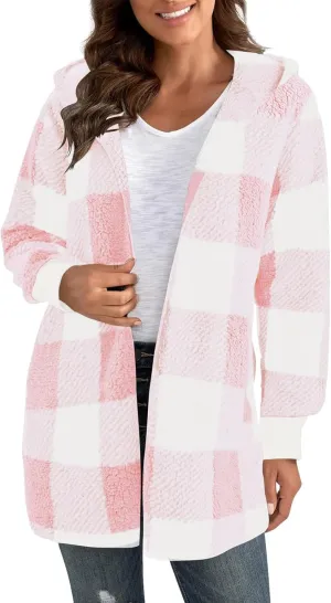 Womens Winter Coats Warm Plush Jackets Open Front Long Sleeve Cardigan Trendy Plaid Fuzzy Outerwear