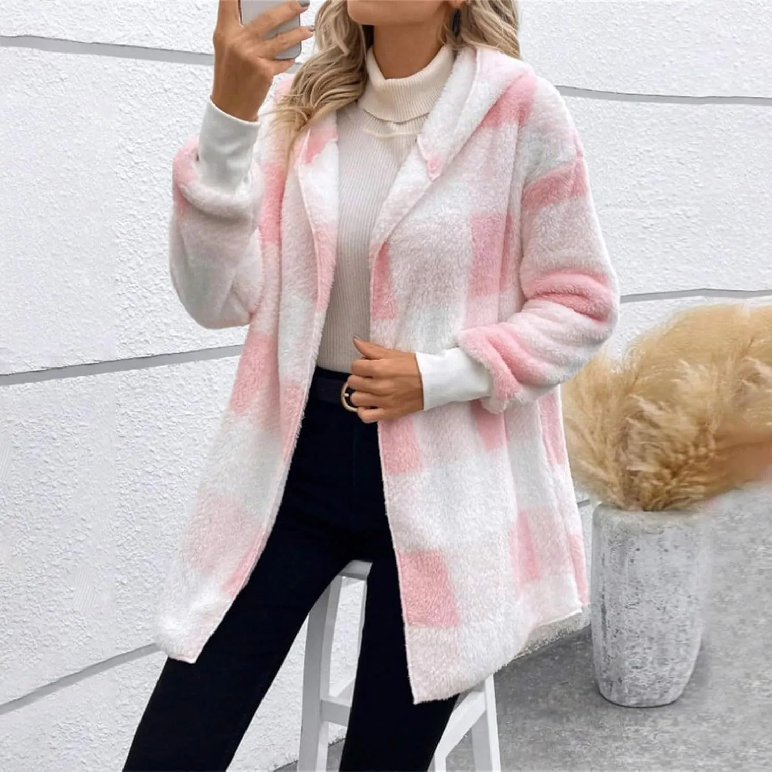 Womens Winter Coats Warm Plush Jackets Open Front Long Sleeve Cardigan Trendy Plaid Fuzzy Outerwear