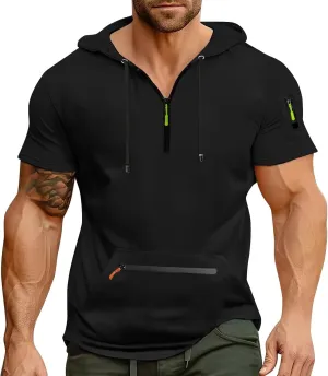 Workout Hoodies for Men Zip Up Short Sleeve Slim Fit Pocket Casual Tshirts Pullover Summer Gym Training Muscle Tees