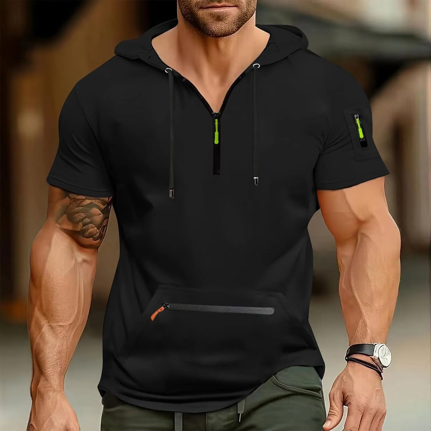 Workout Hoodies for Men Zip Up Short Sleeve Slim Fit Pocket Casual Tshirts Pullover Summer Gym Training Muscle Tees