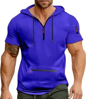 Workout Hoodies for Men Zip Up Short Sleeve Slim Fit Pocket Casual Tshirts Pullover Summer Gym Training Muscle Tees