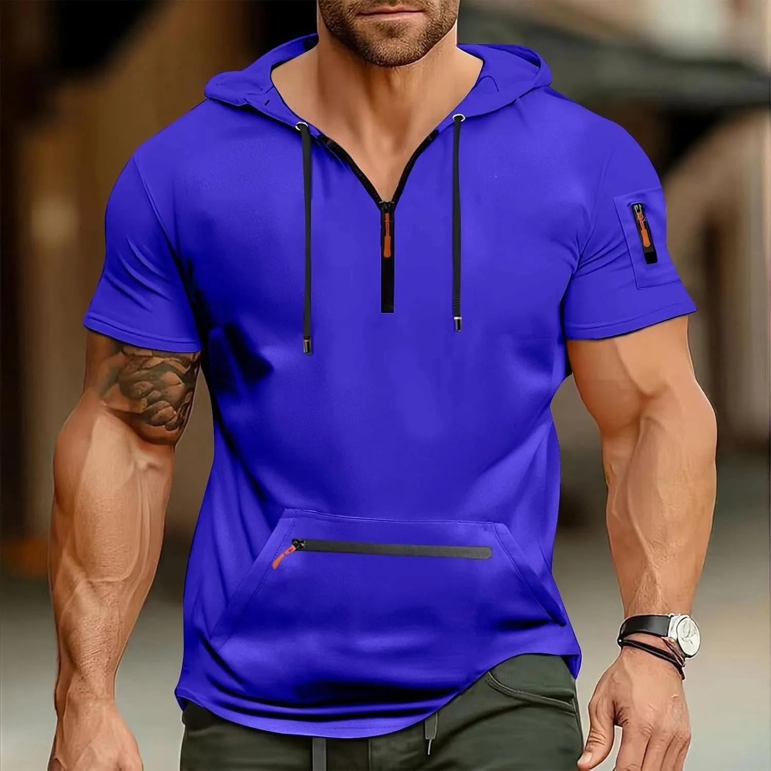 Workout Hoodies for Men Zip Up Short Sleeve Slim Fit Pocket Casual Tshirts Pullover Summer Gym Training Muscle Tees